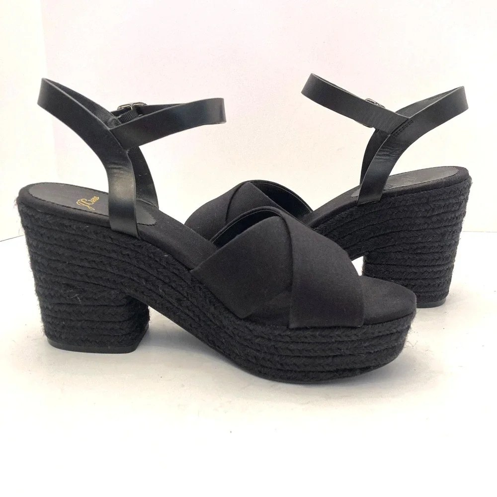 J.Crew Platform Sandals Womens 9.5 Black Espadrille High Heel Fabric Leather‎